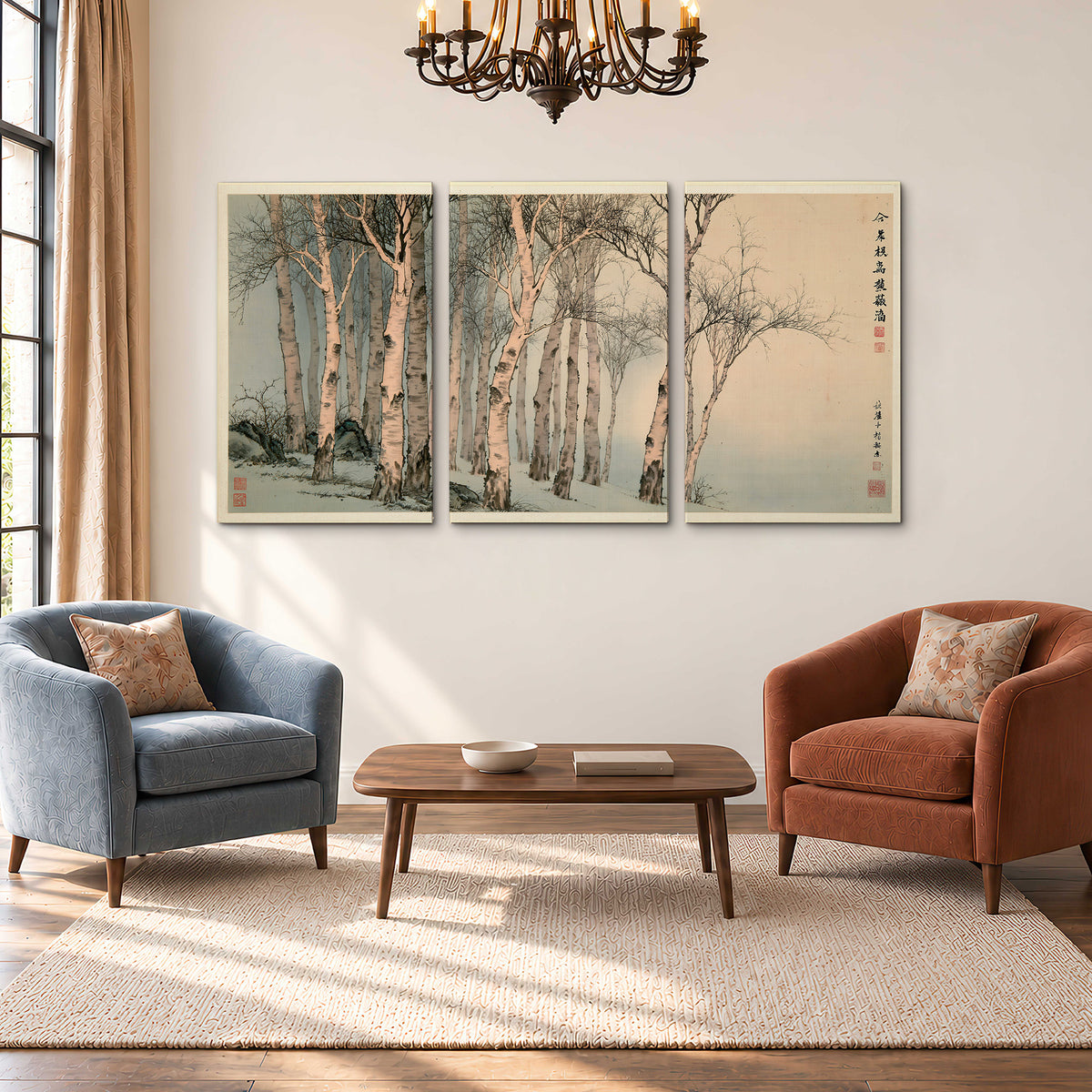 Slender pale birches in a muted woodland scene with decorative script 3 piece canvas wall art styled in an interior