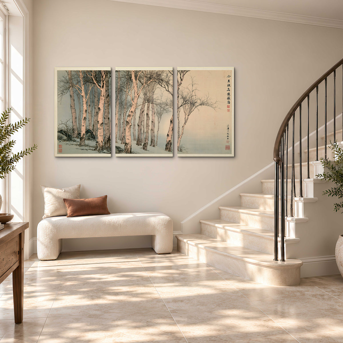 Slender pale birches in a muted woodland scene with decorative script 3 piece canvas wall art styled in an interior
