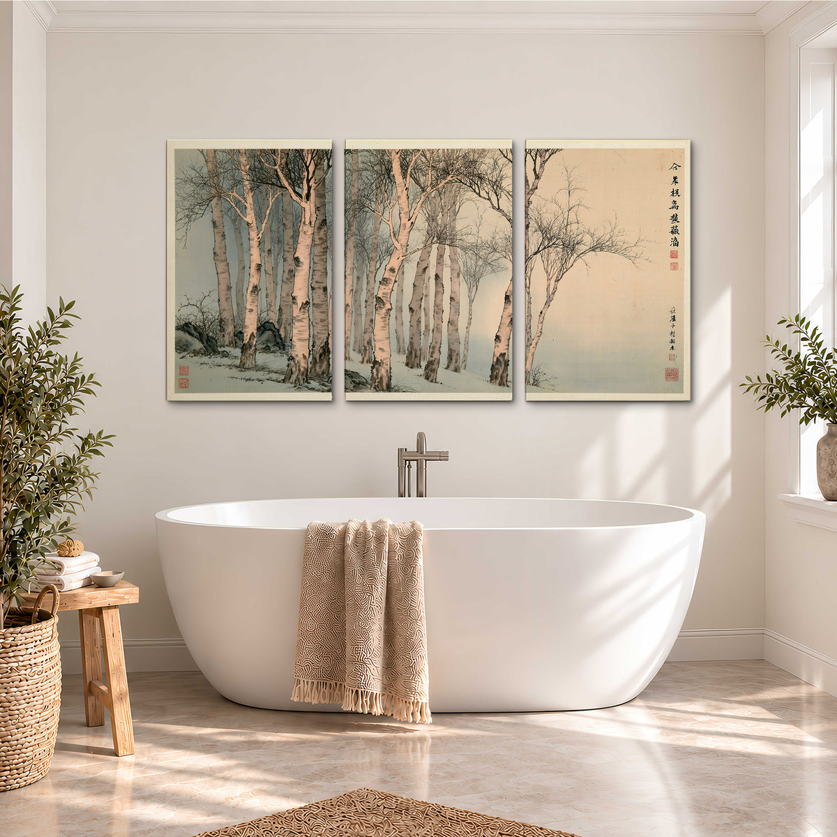 Slender pale birches in a muted woodland scene with decorative script 3 piece canvas wall art styled in an interior