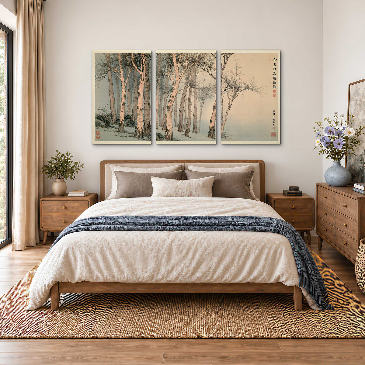 Slender pale birches in a muted woodland scene with decorative script 3 piece canvas wall art styled in an interior