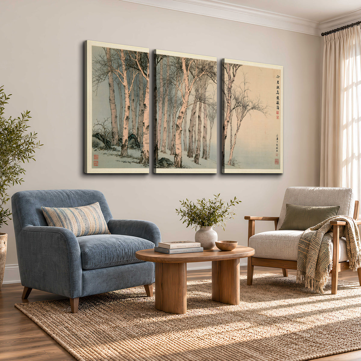 Slender pale birches in a muted woodland scene with decorative script 3 piece canvas wall art styled in an interior