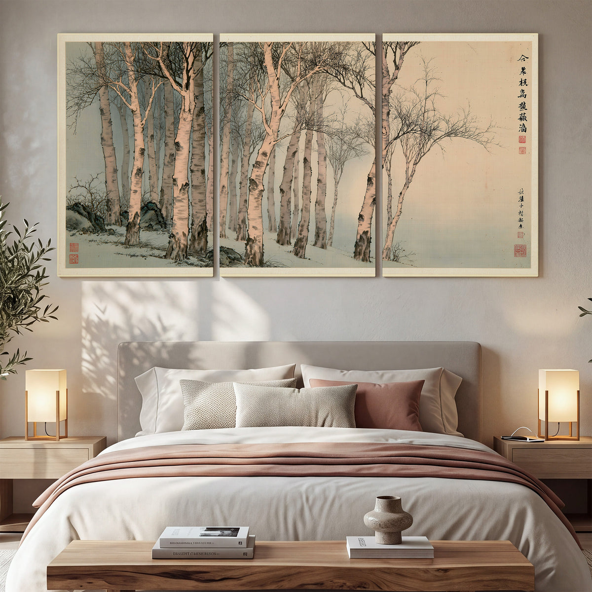Slender pale birches in a muted woodland scene with decorative script 3 piece canvas wall art displayed in a bedroom