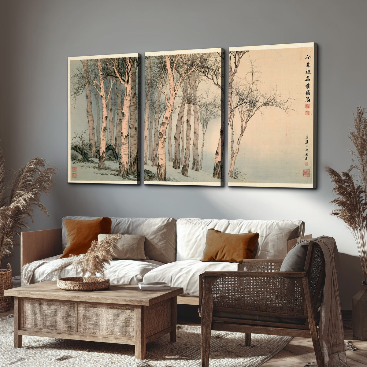 Slender pale birches in a muted woodland scene with decorative script 3 piece canvas wall art displayed in a rustic living room