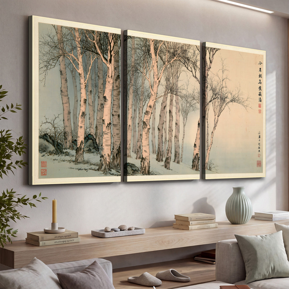Slender pale birches in a muted woodland scene with decorative script 3 piece canvas wall art displayed in a console