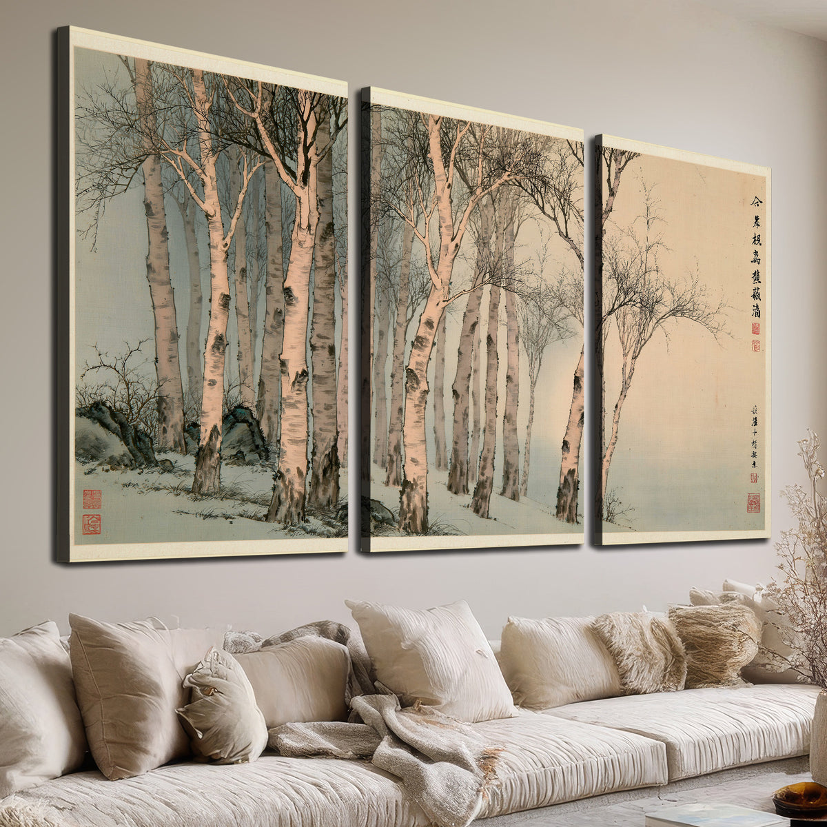 Slender pale birches in a muted woodland scene with decorative script 3 piece canvas wall art room and product view