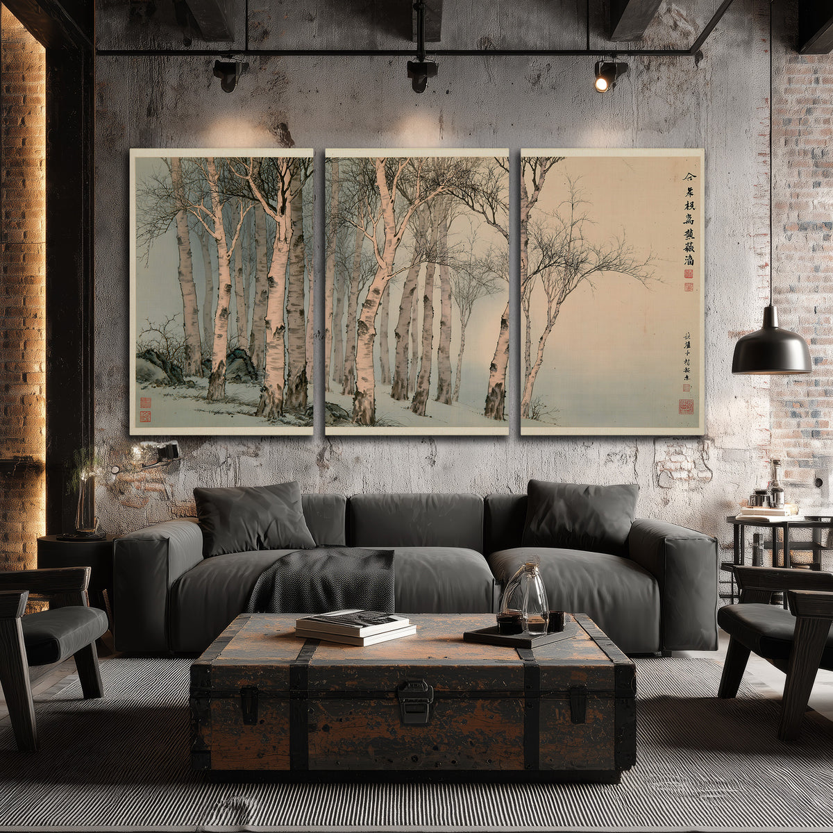 Slender pale birches in a muted woodland scene with decorative script 3 piece canvas wall art displayed in a industrial room