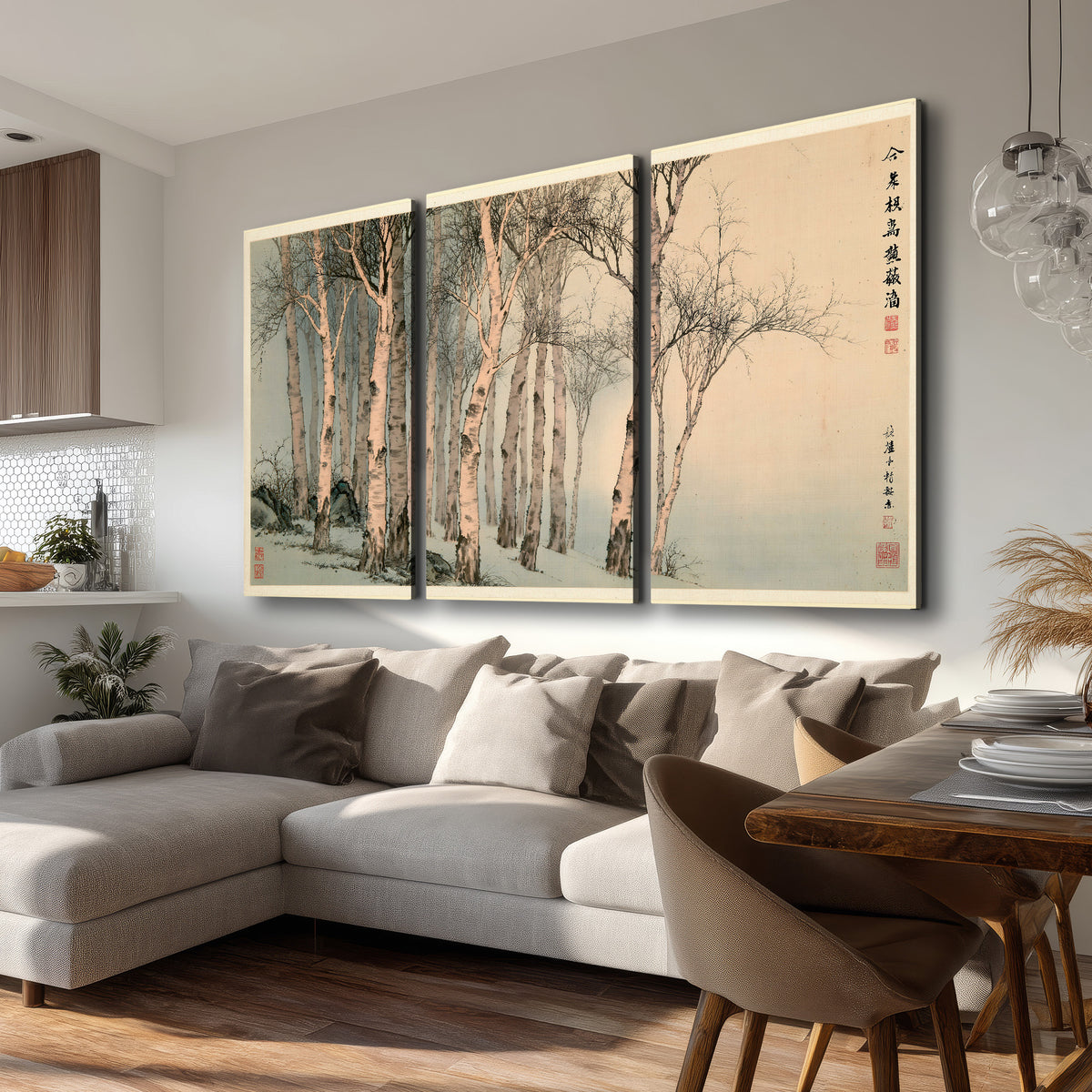 Slender pale birches in a muted woodland scene with decorative script 3 piece canvas wall art room and product view