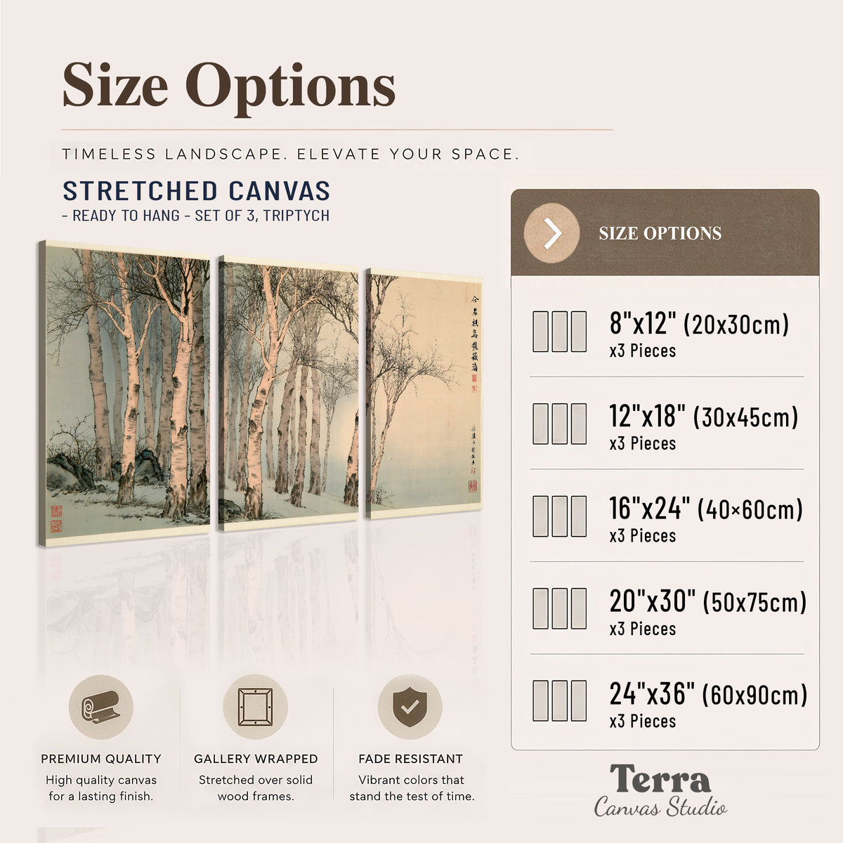 Slender pale birches in a muted woodland scene with decorative script 3 piece canvas wall art available dimensions; triptych dimensions are per panel