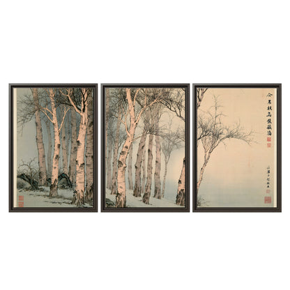 Slender pale birches in a muted woodland scene with decorative script 3 piece framed canvas wall art viewed straight on
