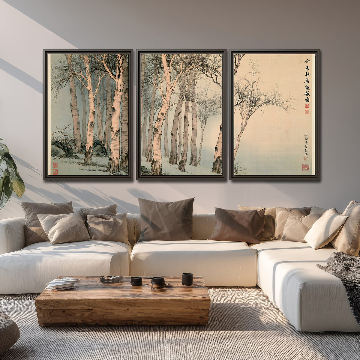 Slender pale birches in a muted woodland scene with decorative script 3 piece framed canvas wall art displayed in a living room