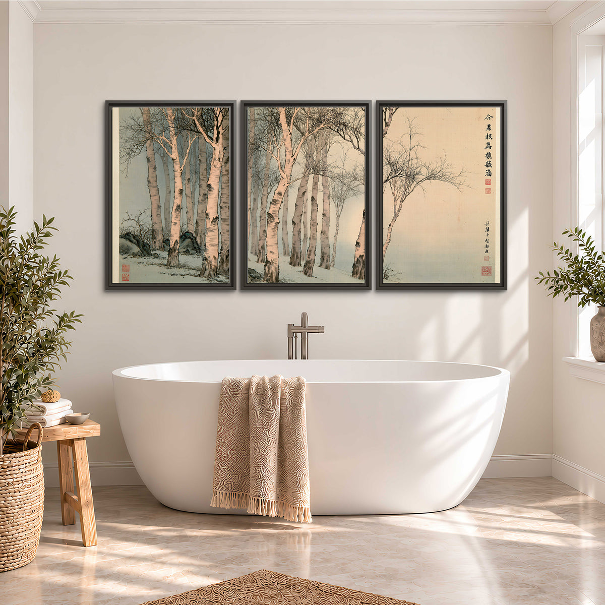 Slender pale birches in a muted woodland scene with decorative script 3 piece framed canvas wall art styled in an interior