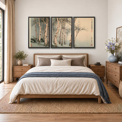 Slender pale birches in a muted woodland scene with decorative script 3 piece framed canvas wall art styled in an interior