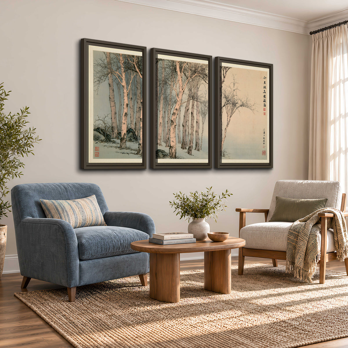 Slender pale birches in a muted woodland scene with decorative script 3 piece framed canvas wall art styled in an interior
