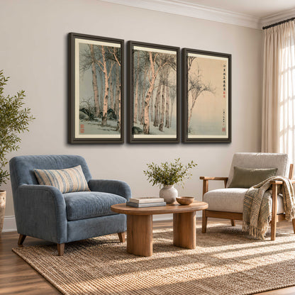 Slender pale birches in a muted woodland scene with decorative script 3 piece framed canvas wall art styled in an interior