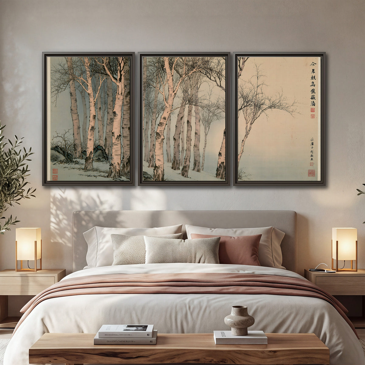 Slender pale birches in a muted woodland scene with decorative script 3 piece framed canvas wall art displayed in a bedroom