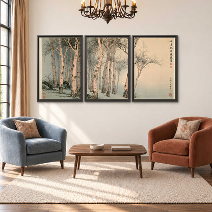 Slender pale birches in a muted woodland scene with decorative script 3 piece framed canvas wall art styled in an interior