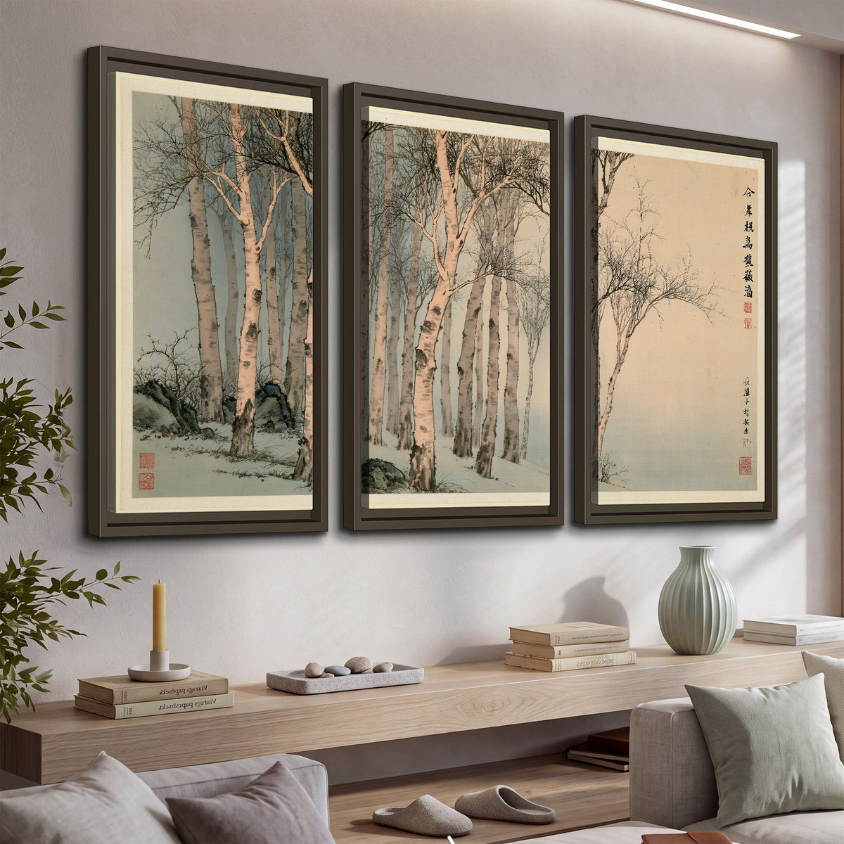 Slender pale birches in a muted woodland scene with decorative script 3 piece framed canvas wall art displayed in a console