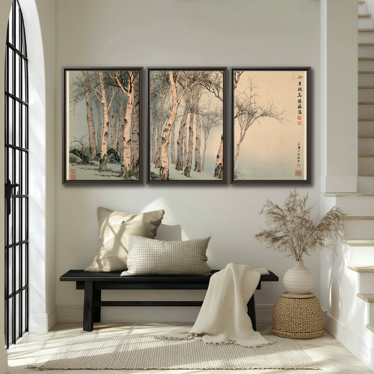 Slender pale birches in a muted woodland scene with decorative script 3 piece framed canvas wall art displayed in a entryway