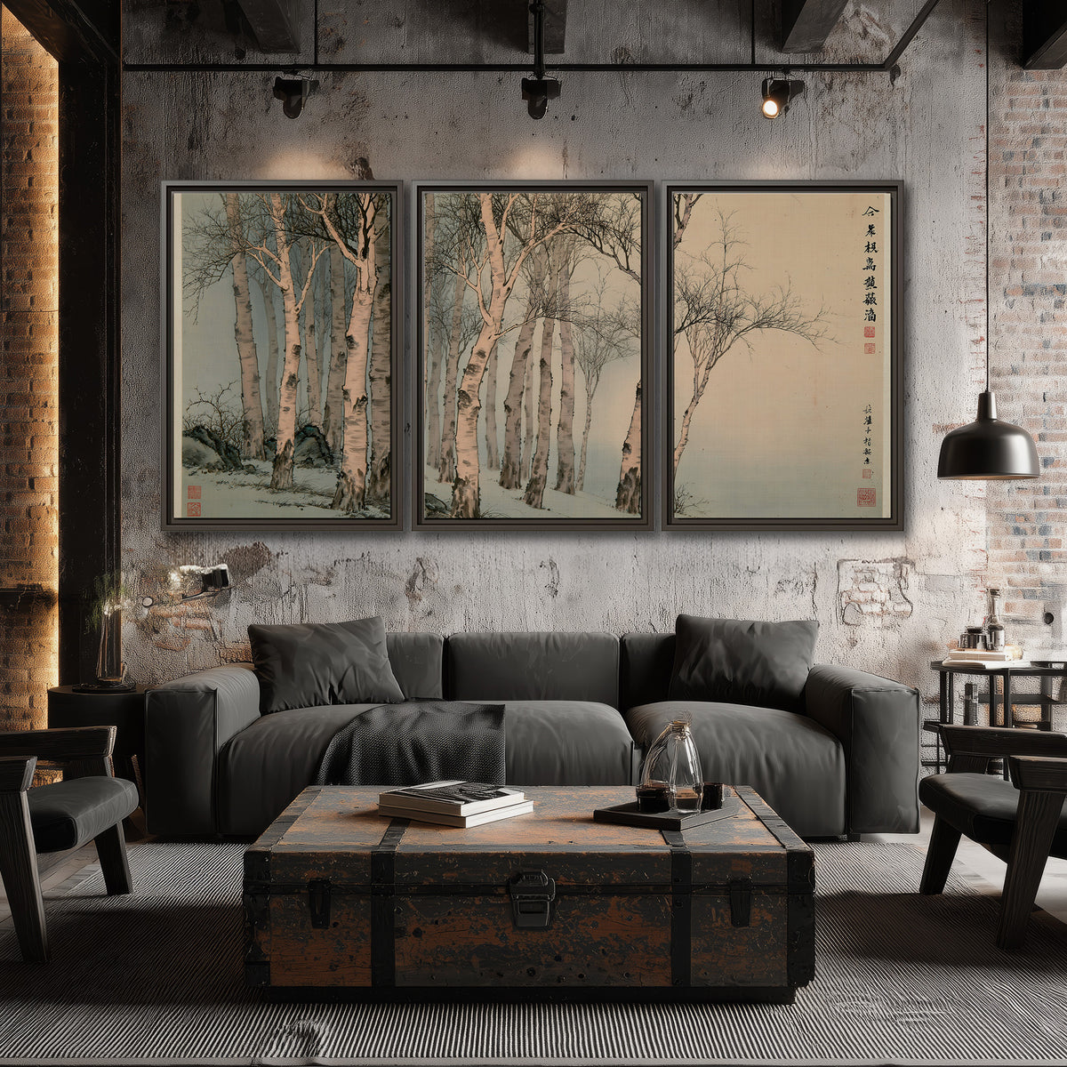 Slender pale birches in a muted woodland scene with decorative script 3 piece framed canvas wall art displayed in a industrial room