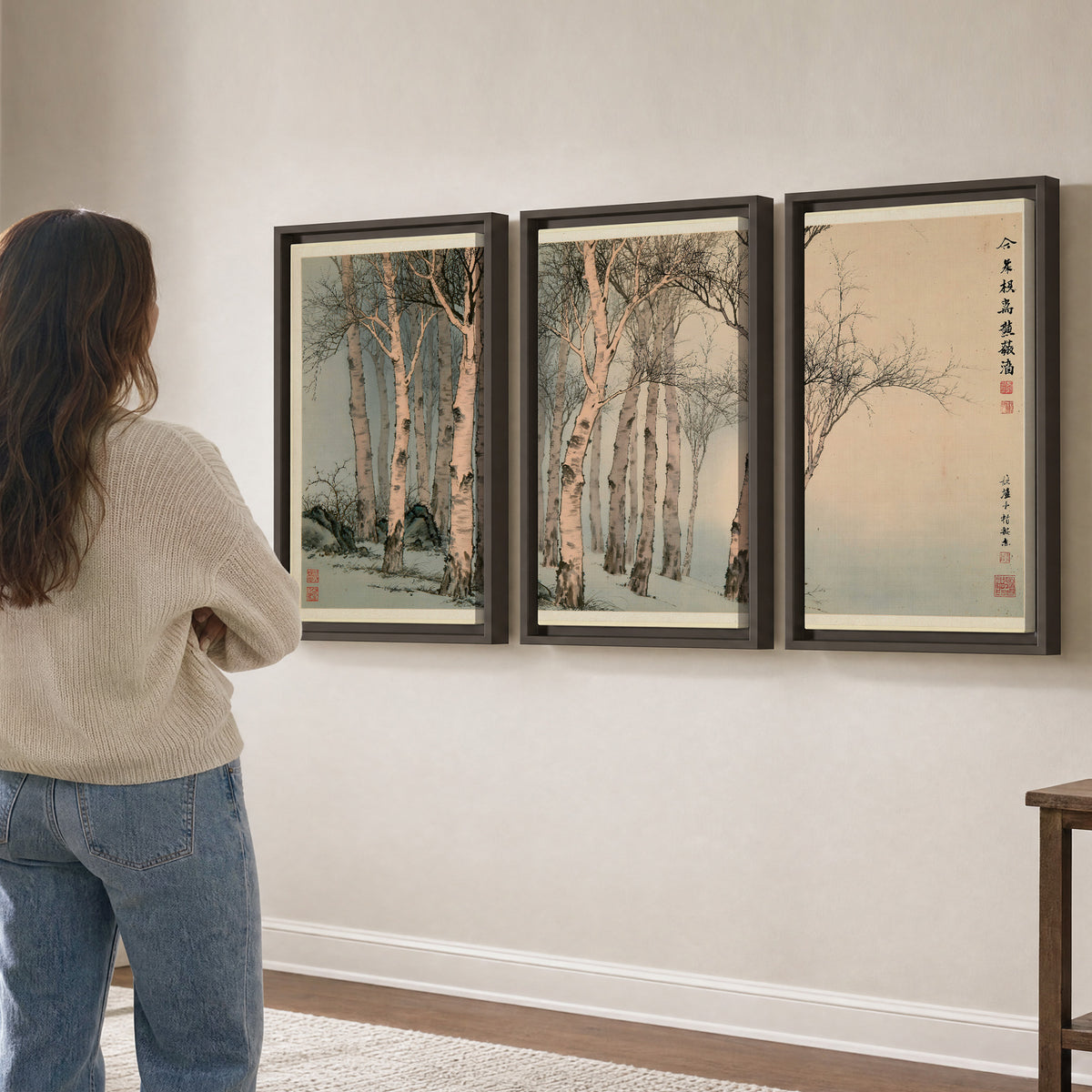 Slender pale birches in a muted woodland scene with decorative script 3 piece framed canvas wall art three panel arrangement on a wall