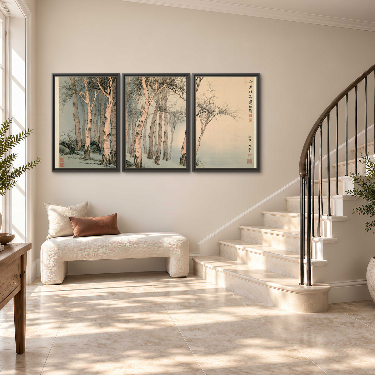 Slender pale birches in a muted woodland scene with decorative script 3 piece framed canvas wall art styled in an interior