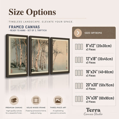 Slender pale birches in a muted woodland scene with decorative script 3 piece framed canvas wall art available dimensions; triptych dimensions are per panel
