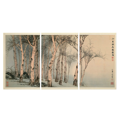 Slender pale birches in a muted woodland scene with decorative script set of 3 poster prints viewed straight on