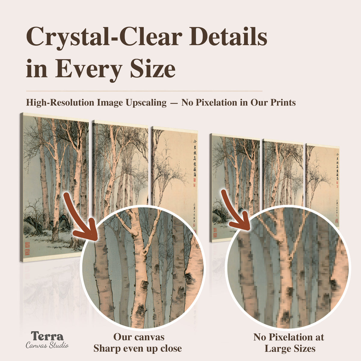 Slender pale birches in a muted woodland scene with decorative script artwork quality information