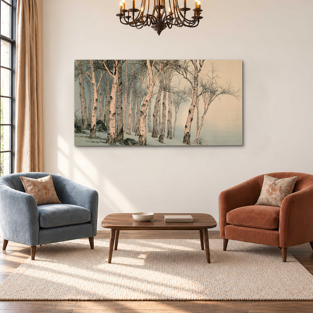 Slender pale birches in a muted woodland scene with decorative script single canvas wall art styled in an interior