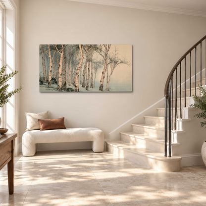 Slender pale birches in a muted woodland scene with decorative script single canvas wall art styled in an interior