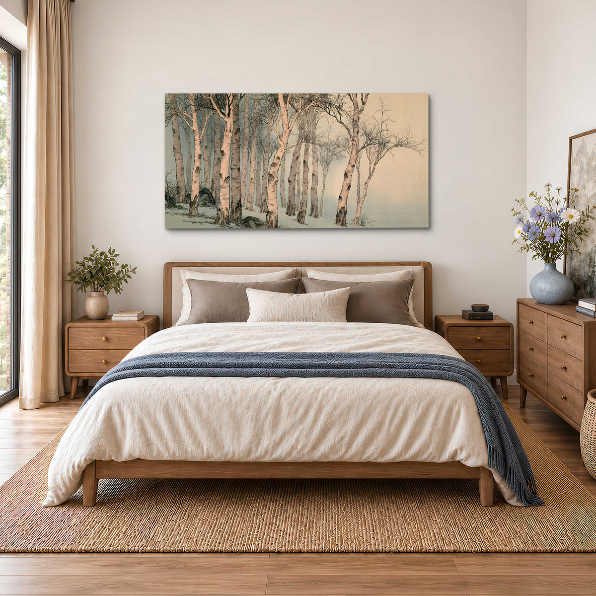 Slender pale birches in a muted woodland scene with decorative script single canvas wall art styled in an interior