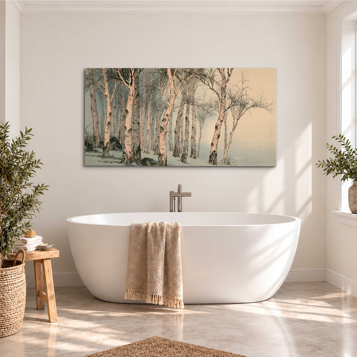 Slender pale birches in a muted woodland scene with decorative script single canvas wall art styled in an interior