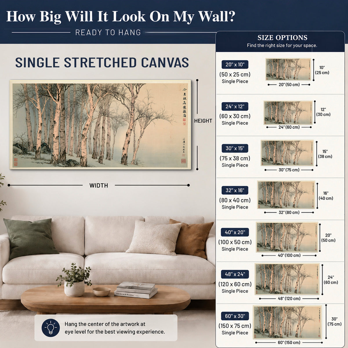 Slender pale birches in a muted woodland scene with decorative script single canvas wall art size guide above a sofa; room view is illustrative