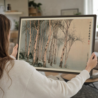 Slender pale birches in a muted woodland scene with decorative script single framed canvas wall art held in hands
