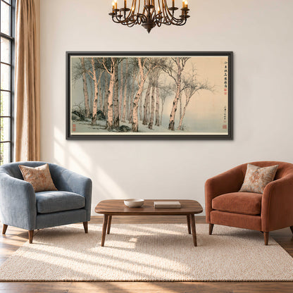 Slender pale birches in a muted woodland scene with decorative script single framed canvas wall art styled in an interior