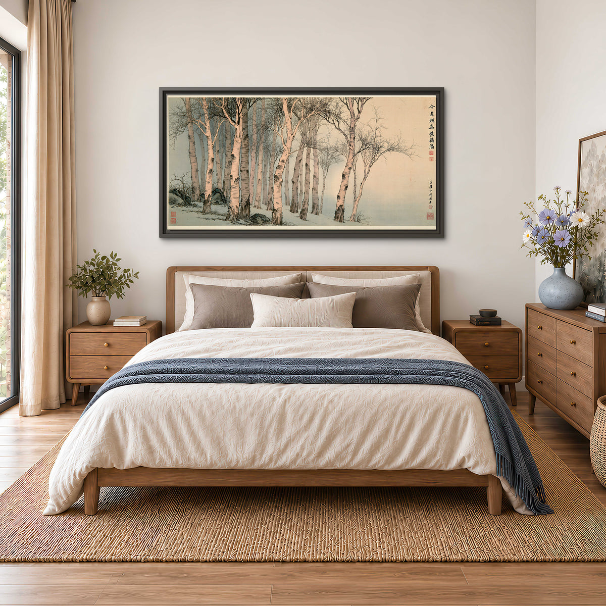Slender pale birches in a muted woodland scene with decorative script single framed canvas wall art styled in an interior