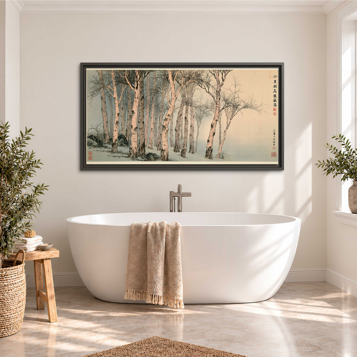 Slender pale birches in a muted woodland scene with decorative script single framed canvas wall art styled in an interior