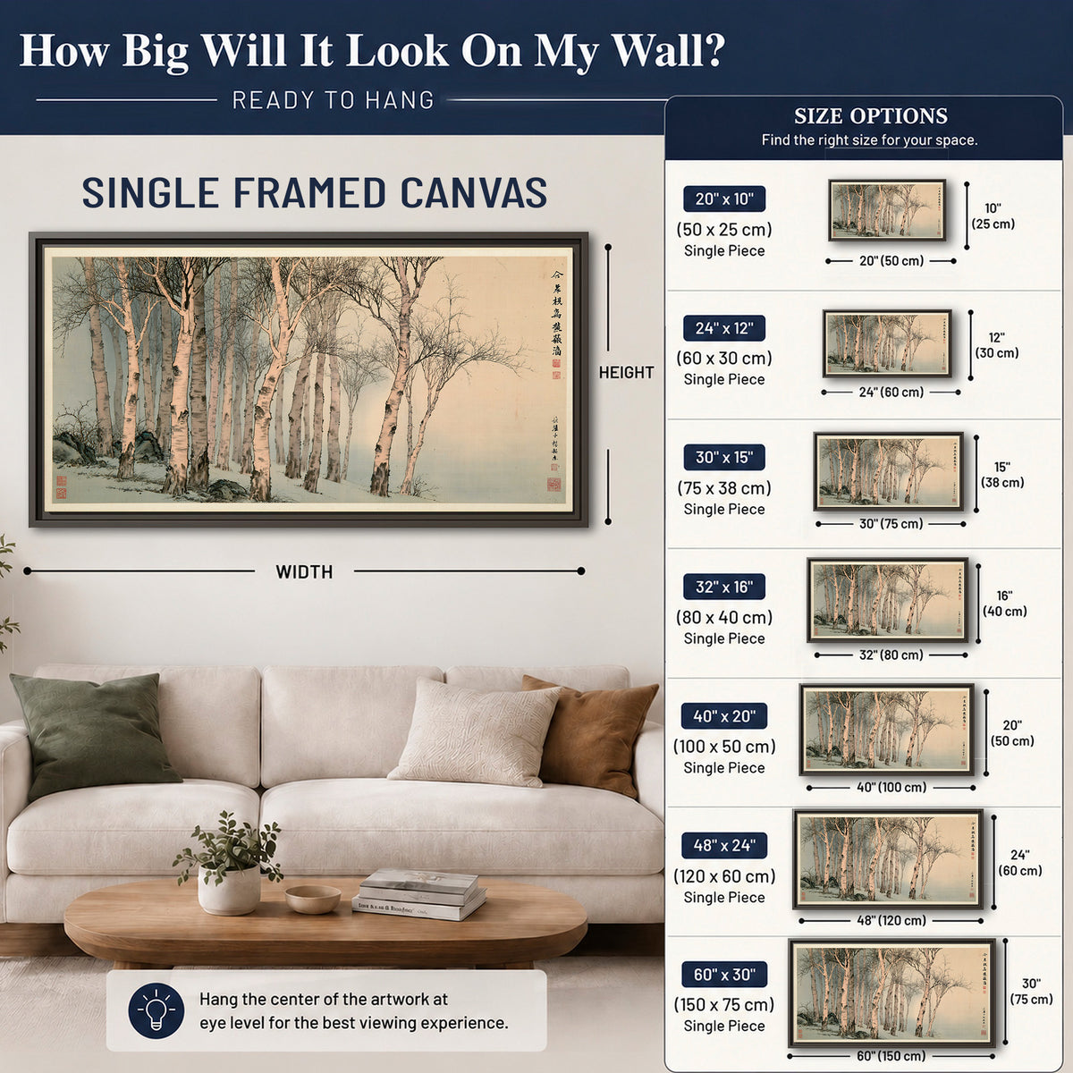 Slender pale birches in a muted woodland scene with decorative script single framed canvas wall art size guide above a sofa; room view is illustrative