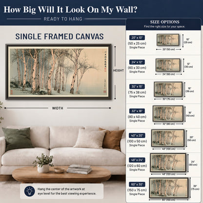 Slender pale birches in a muted woodland scene with decorative script single framed canvas wall art size guide above a sofa; room view is illustrative