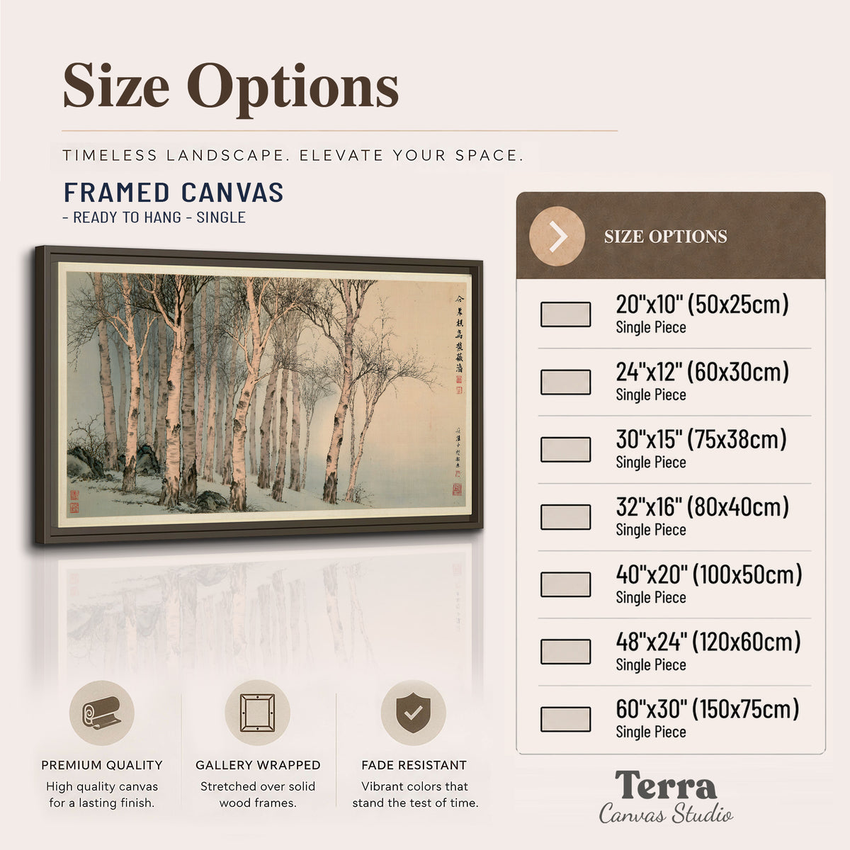 Slender pale birches in a muted woodland scene with decorative script single framed canvas wall art available dimensions