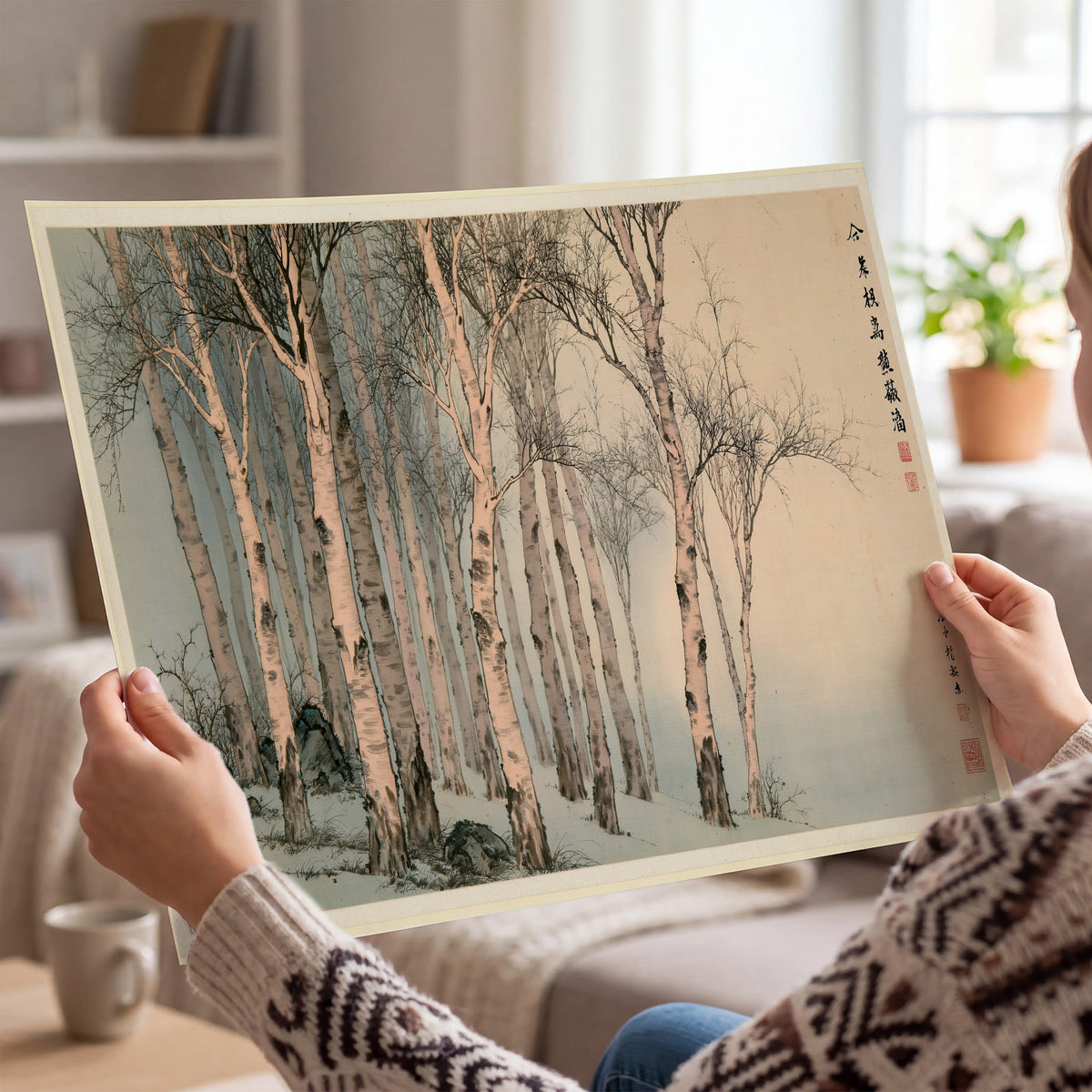 Slender pale birches in a muted woodland scene with decorative script single poster print held in hands