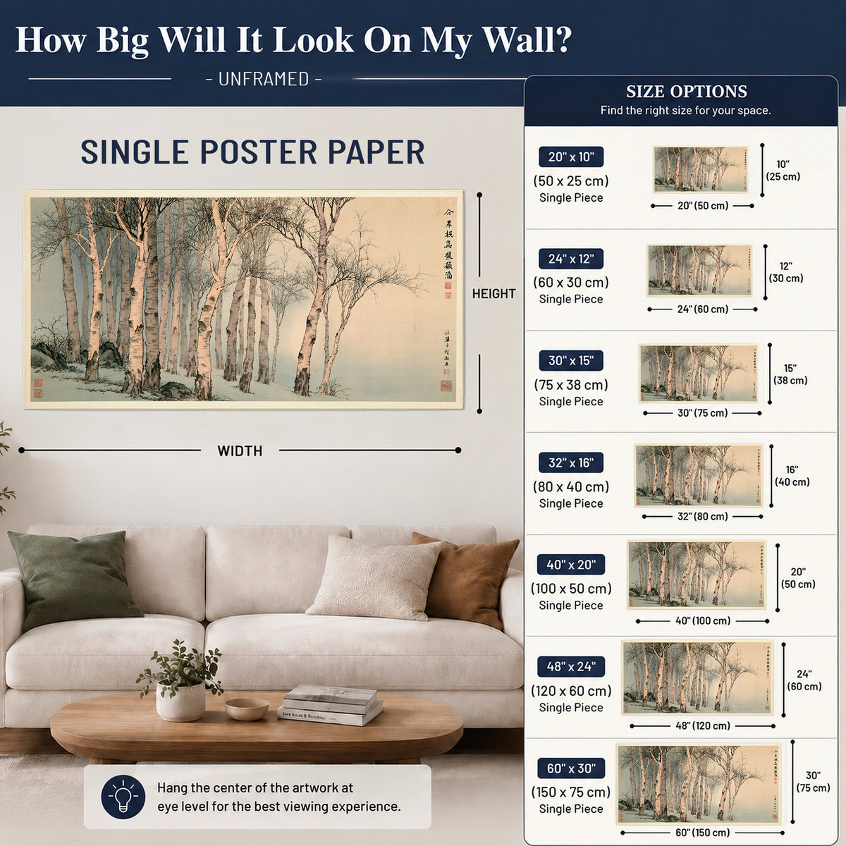 Slender pale birches in a muted woodland scene with decorative script single poster print size guide above a sofa; room view is illustrative