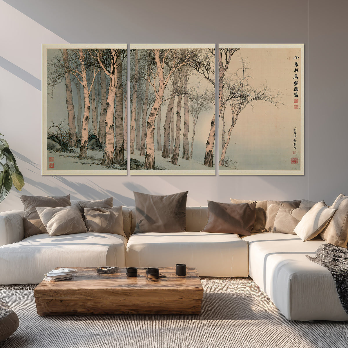 Slender pale birches in a muted woodland scene with decorative script set of 3 poster prints displayed in a living room