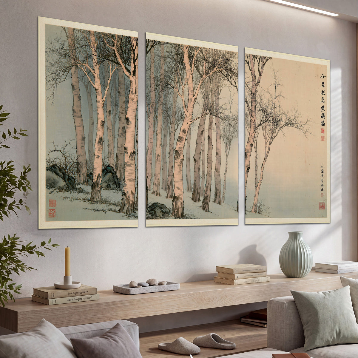 Slender pale birches in a muted woodland scene with decorative script set of 3 poster prints displayed in a console