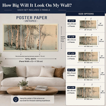 Slender pale birches in a muted woodland scene with decorative script set of 3 poster prints size guide above a sofa; room view is illustrative