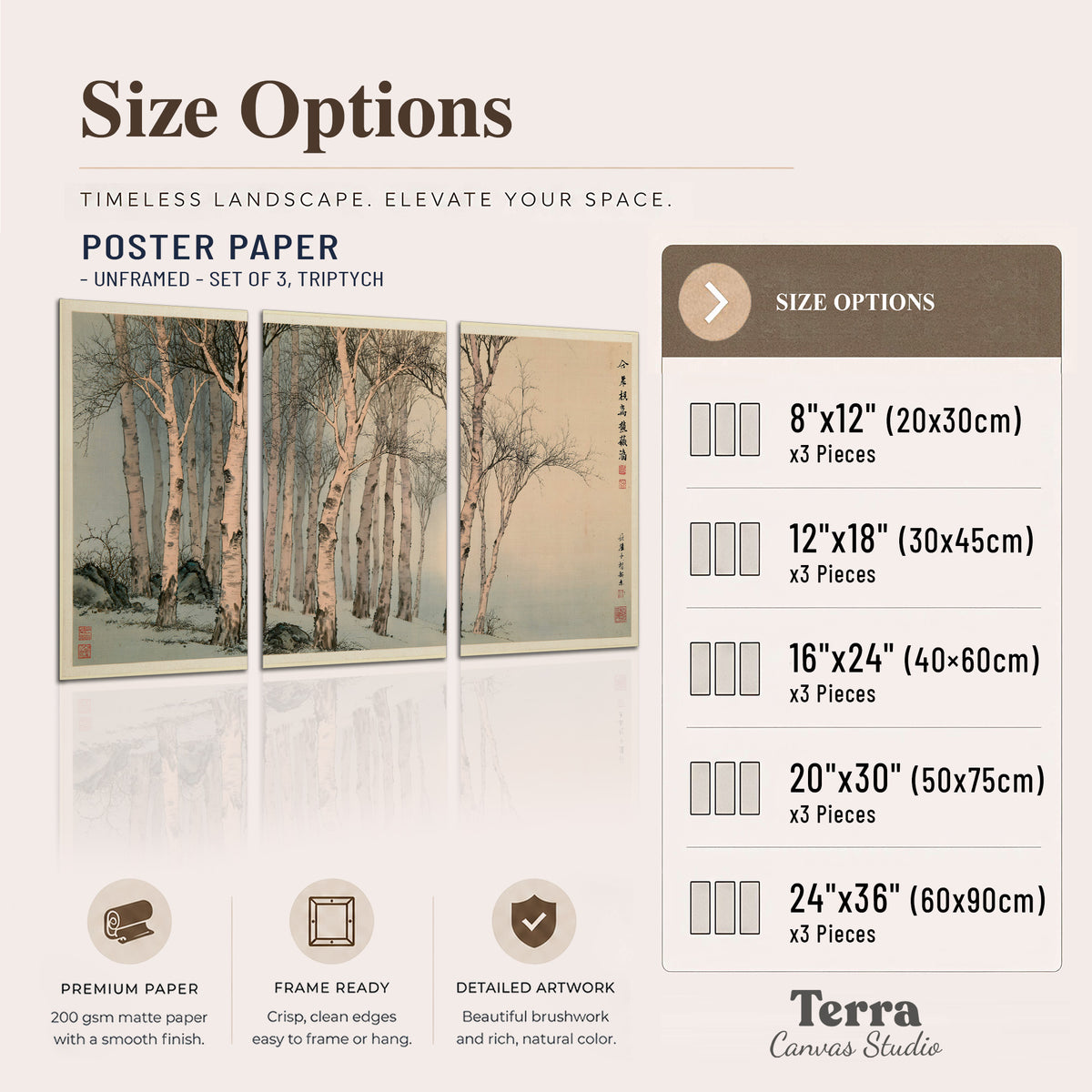 Slender pale birches in a muted woodland scene with decorative script set of 3 poster prints available dimensions; triptych dimensions are per panel
