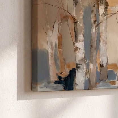 Loose pale blue, peach and cream strokes suggesting a stand of birch trees 3 piece canvas wall art material and edge close up