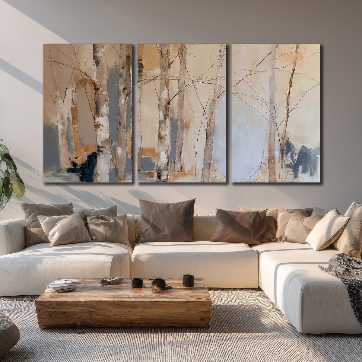 Loose pale blue, peach and cream strokes suggesting a stand of birch trees 3 piece canvas wall art displayed in a living room