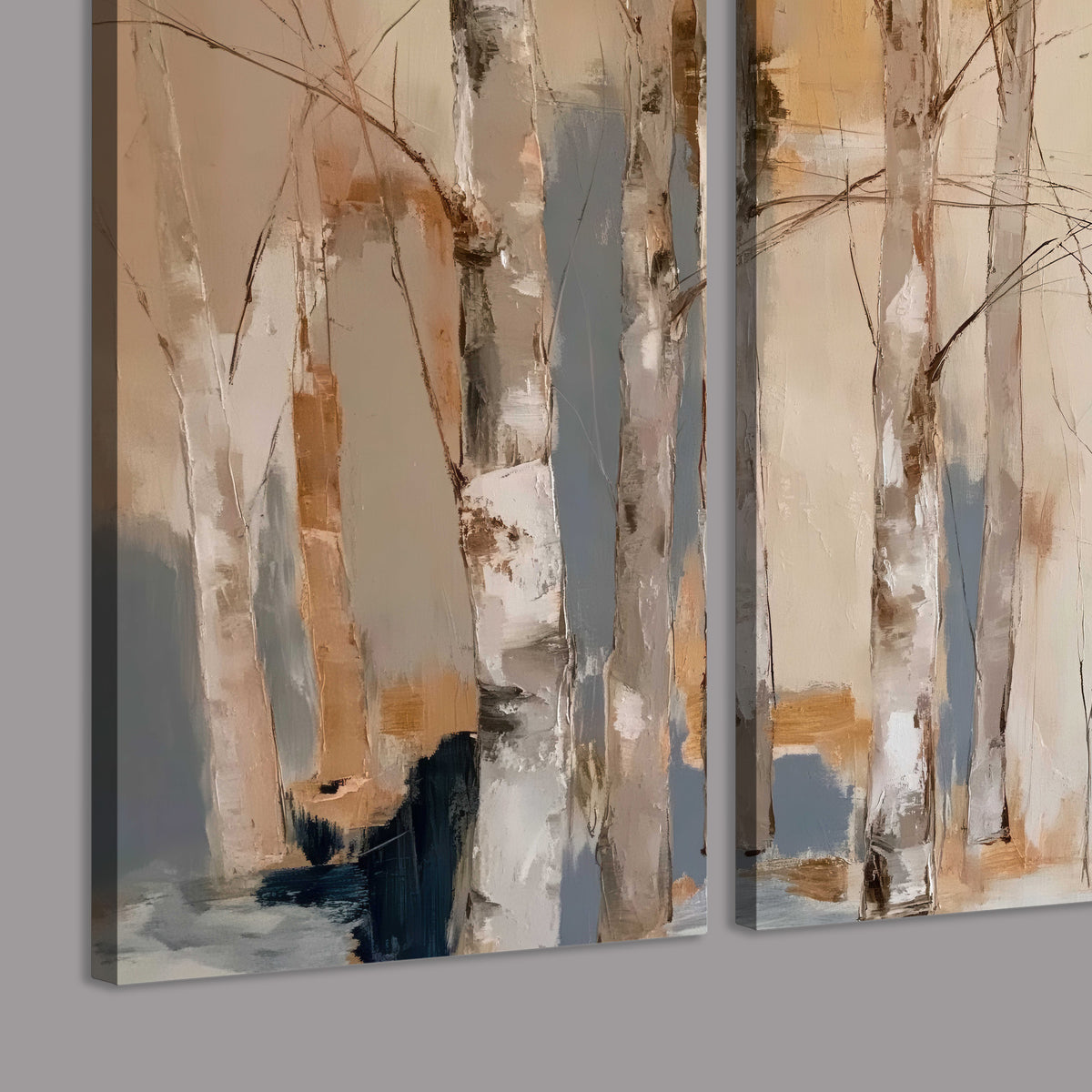 Loose pale blue, peach and cream strokes suggesting a stand of birch trees 3 piece canvas wall art room and product view