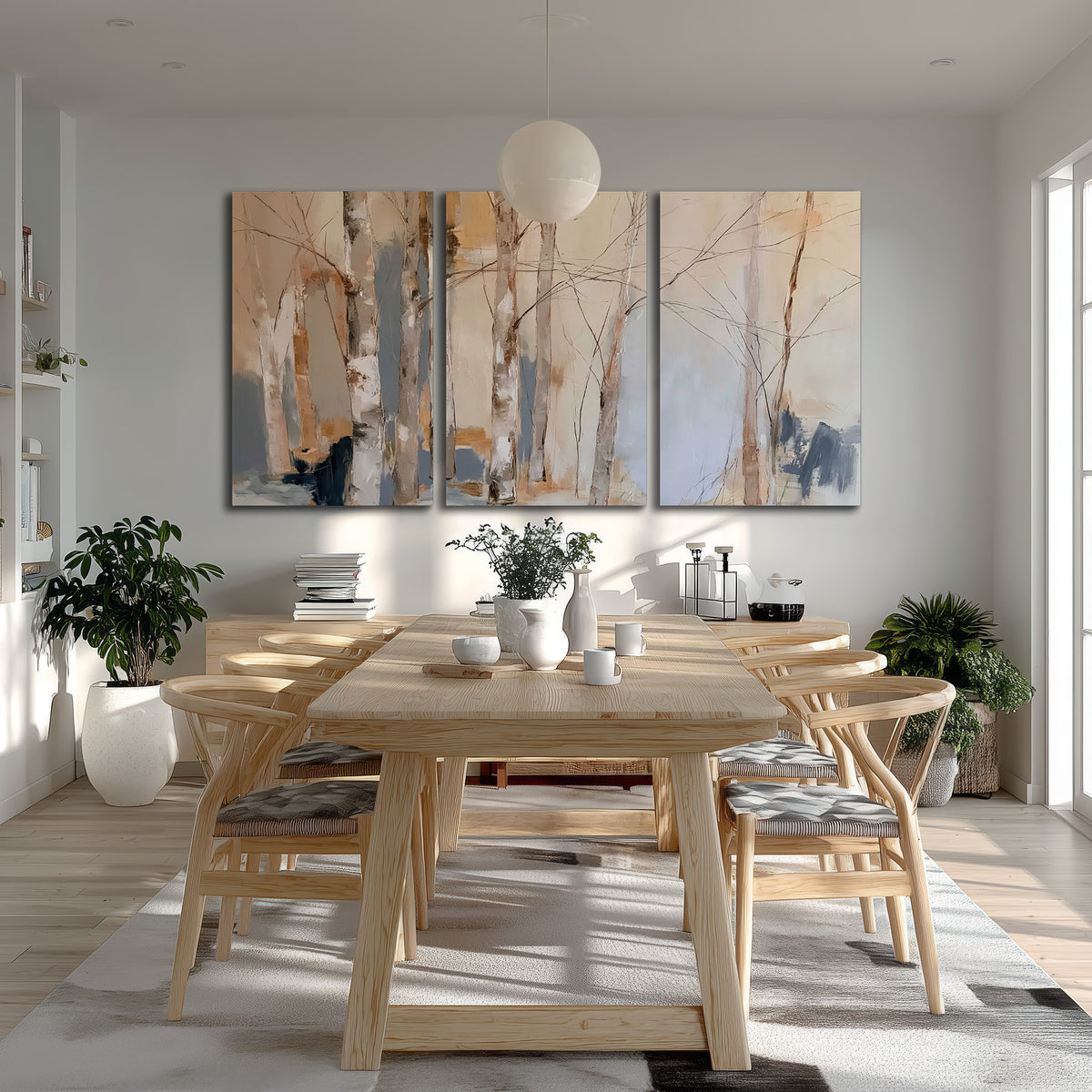 Loose pale blue, peach and cream strokes suggesting a stand of birch trees 3 piece canvas wall art room and product view